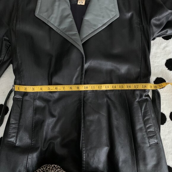Vintage 70s Leather Maxi Trench Coat Small Black Belted Retro Long Overcoat - Picture 15 of 16